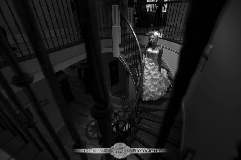 Real Weddings-Featured Wedding in Black and White-Wedding Ideas-Style-Trends-Wilmington NC Wedding Photographers-bride on stair case