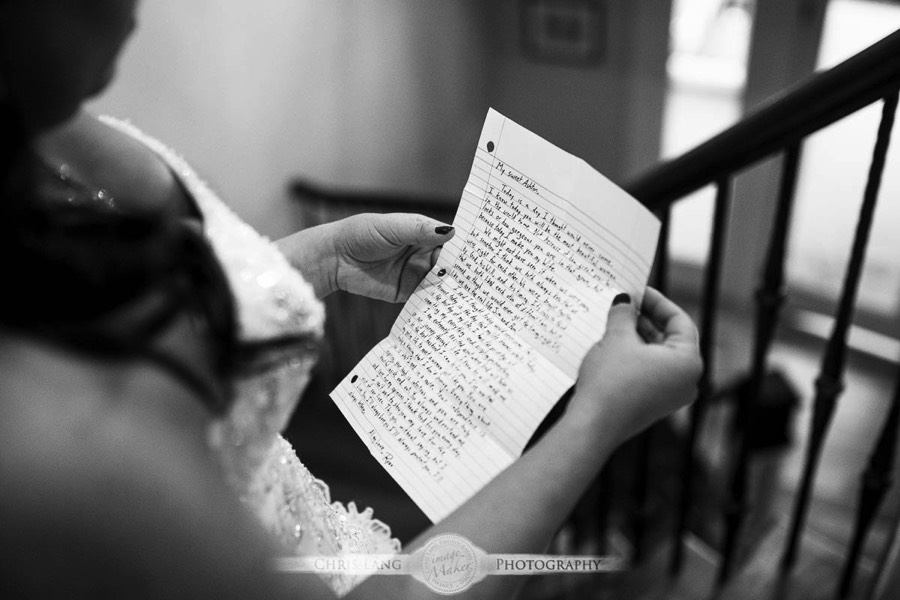 Real Weddings-Featured Wedding in Black and White-Wedding Ideas-Style-Trends-Wilmington NC Wedding Photographers-Bride reading love letter