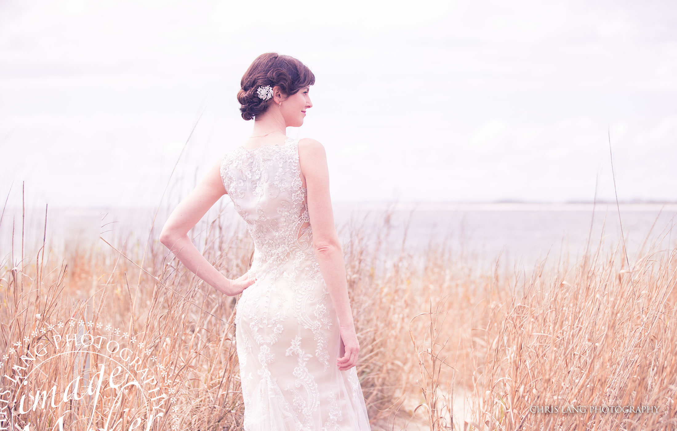 immage of bridein her wedding dress on the beach at Bald Head Island NC -Bald head Island Wedding Photographers