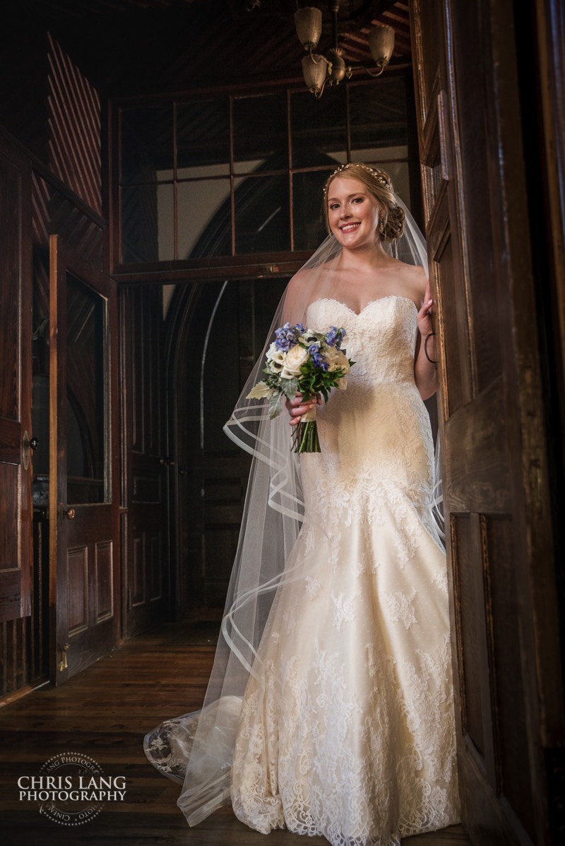 Bridal picture of bride in doorway - wedding dress - wedding flowers - wedding veil - brooklyn arts center - weddings - wedding venue -  wedding photo - ideas - wilmington nc - chris lang photography 