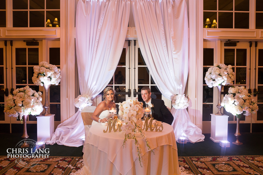 Bride & Groom at couples tabbe - Grand Ballroom - River Landing Weddings