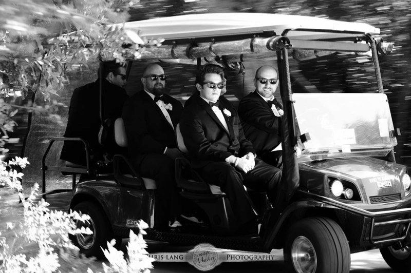 Real Weddings-Featured Wedding in Black and White-Wedding Ideas-Style-Trends-Wilmington NC Wedding Photographers-groomsen on golf car on Bald Head Island