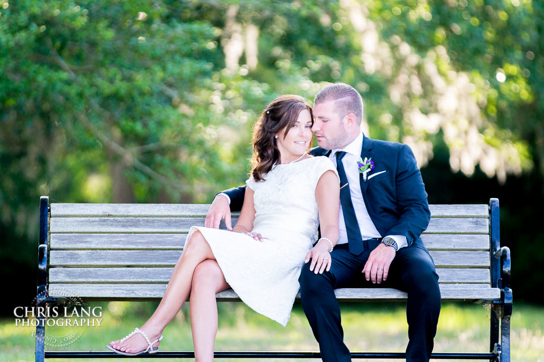 bride & groom on park bench - natural light wedding photo - wedding photography ideas - Wilmington NC Wedding Photography