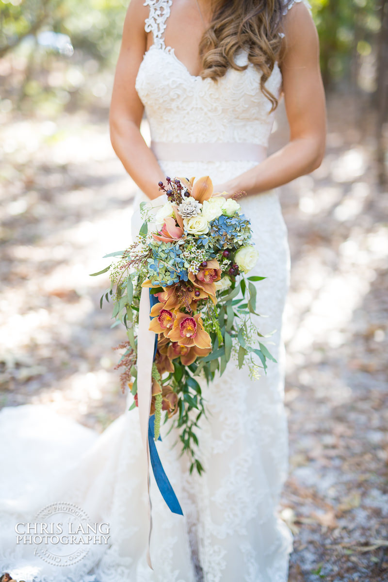 wedding detail of bridal boquet -  wedding dress - bride - wedding flowers - natural light wedding photo - wedding photography ideas - Wilmington NC Wedding Photography