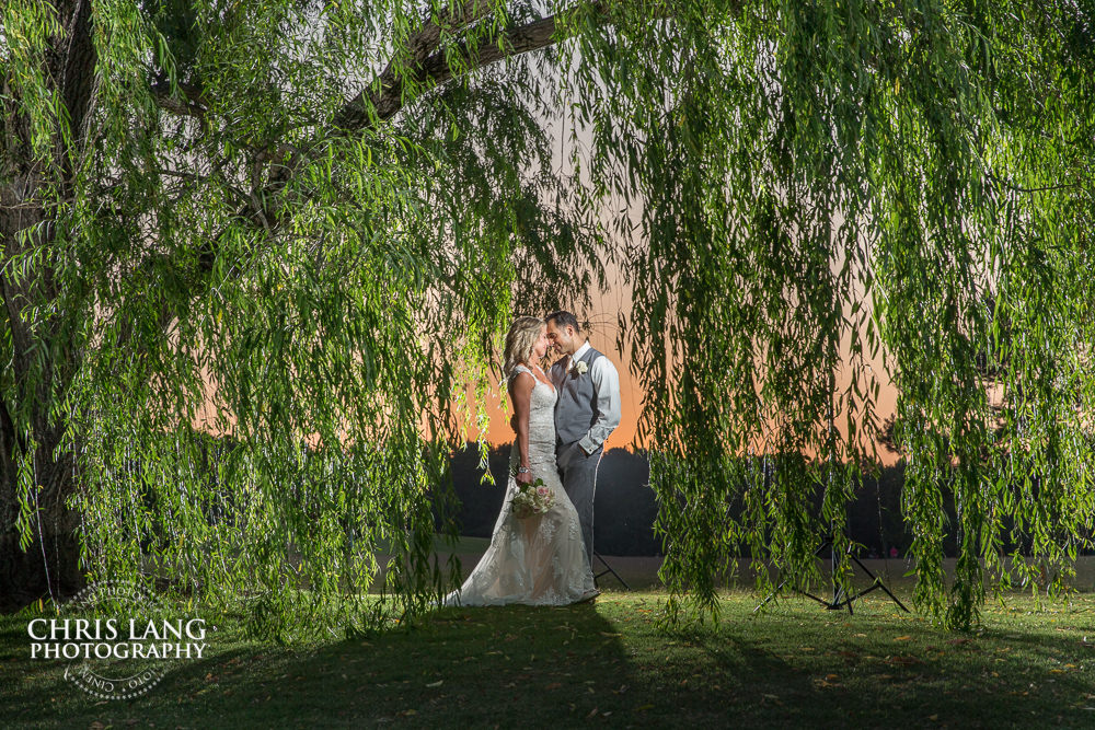willow tree - bride and grrom- wedding dress- sunset wedding photo - the golden hour - bride & groom - wedding dress - sunset wedding photography - twlight  -wilmington nc wedding photography - porters neck country club 