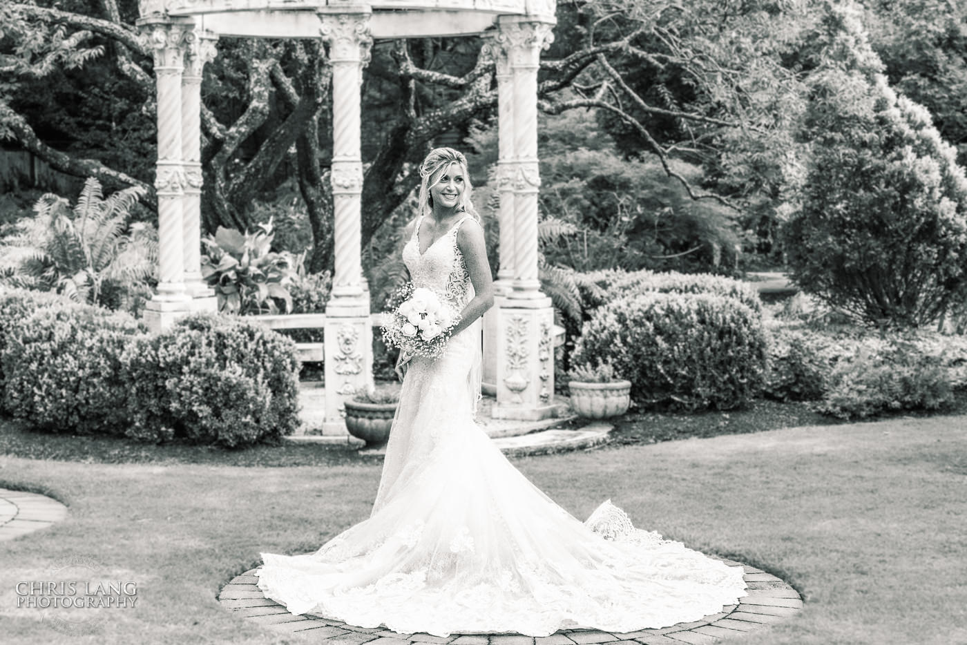 Black & white wedding photography - wilmingotn nc wedding photographer - photo of bride - garden wedding portrait - wedding dress - wilmingotn nc wedding photographer - chirs lang photography