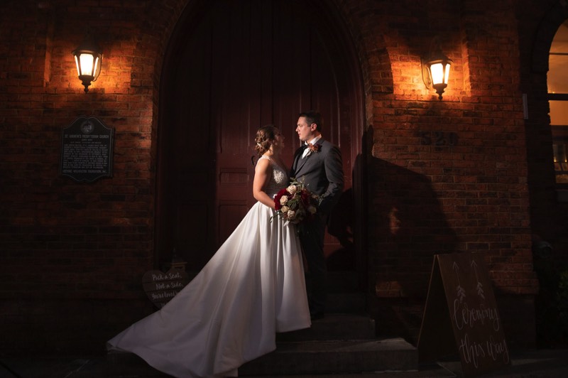 Brooklyn Arts Center wedding photo - Bride & groom in fron of brooklun arts center