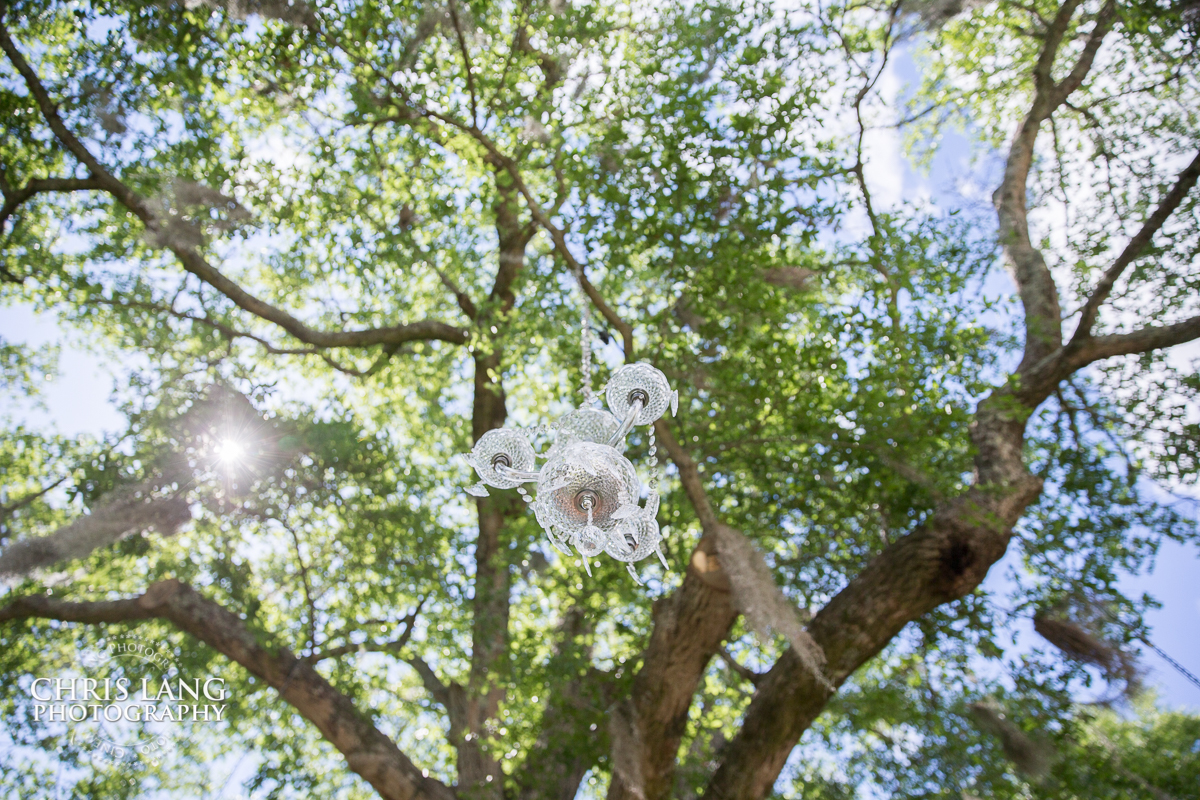 Chandelier hanging in Oak tree for a wedding at Wrightsville Manor in Wilmington NC